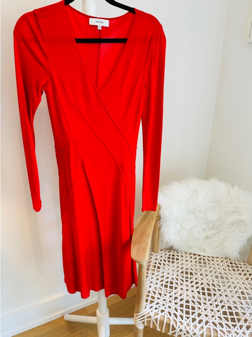 Reiss Vibrant Red Long-Sleeve Wrap-Style Dress